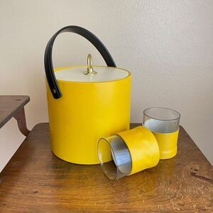 Vintage Yellow Vinyl Ice Bucket w Rocks Glasses Vinyl Cover Bar Set Mid-Century